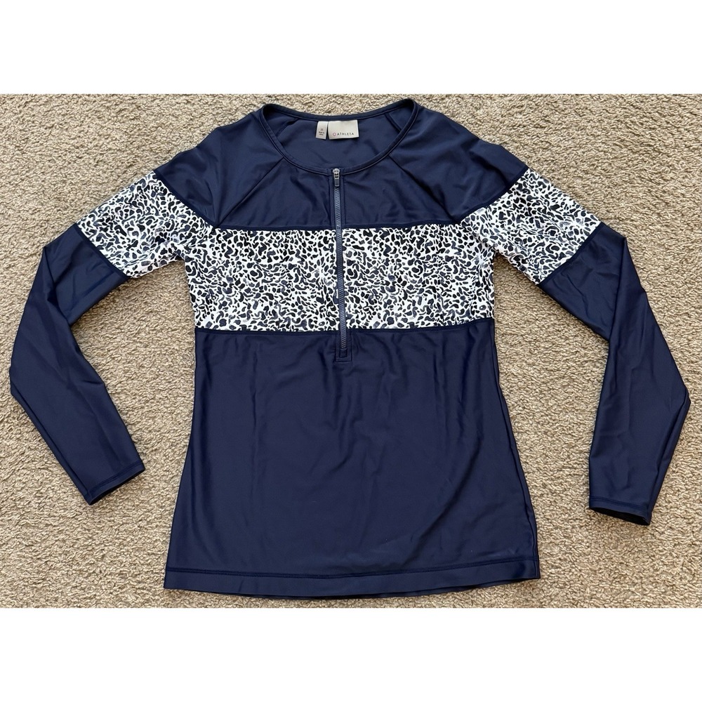 Athleta Women's Navy‎ Blue Leopard Design Half-Zip Swimming Top Size Medium
